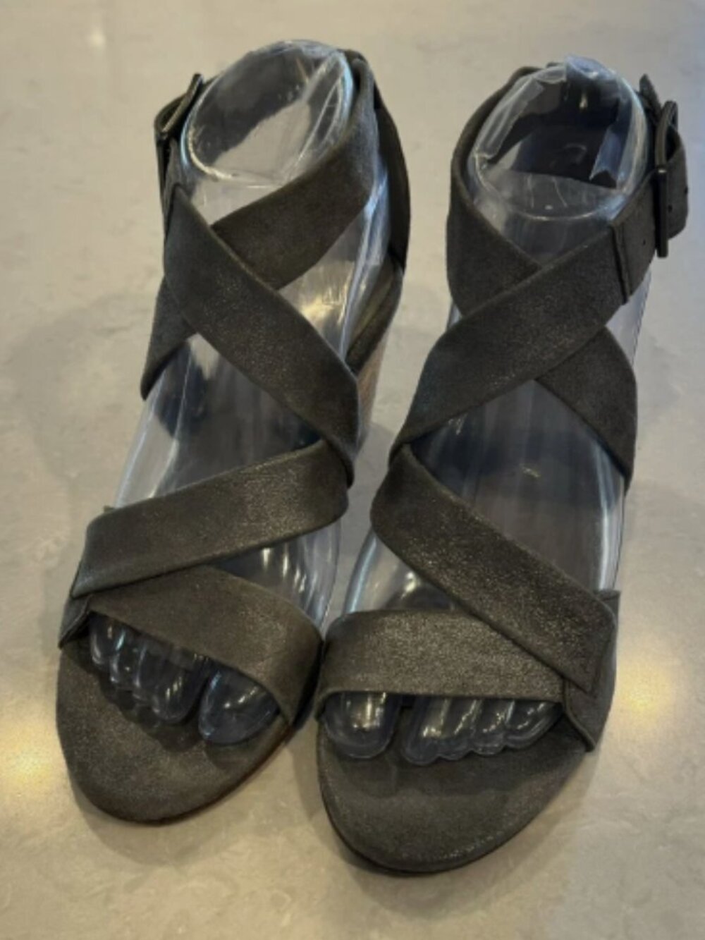 Eileen Fisher Gray Metallic Suede Strappy Sandals Stacked Wood Block Heel Size 7
